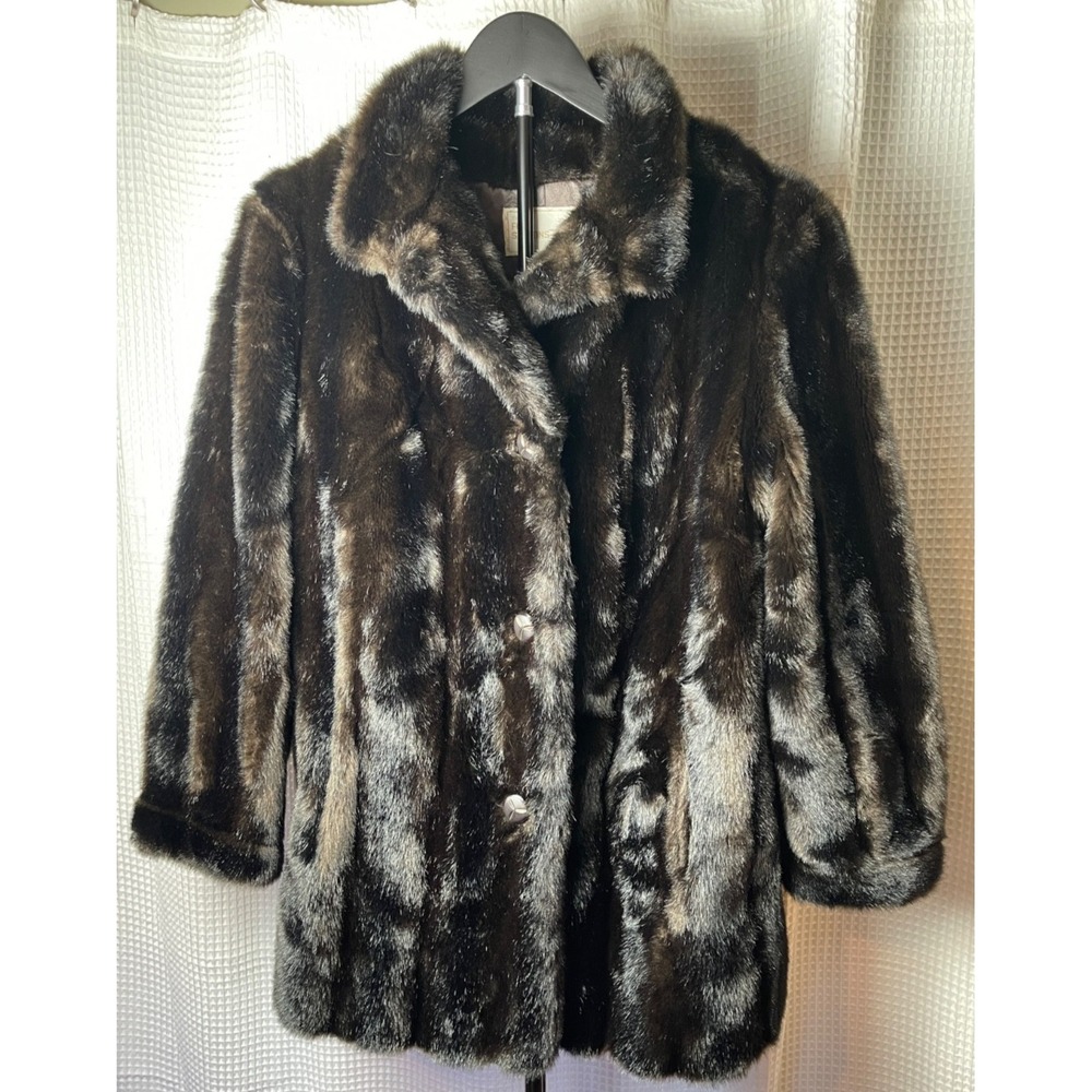 Vtg 1960s Mincara Styled by Russel Taylor Faux Mink Fur Coat size L 22" ptp